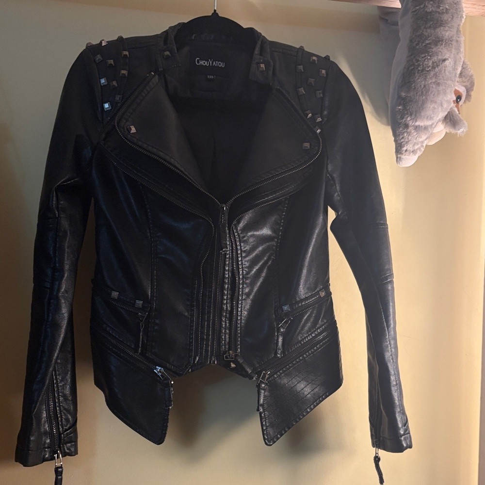 Chic Black Leather Jacket with Stud Accents